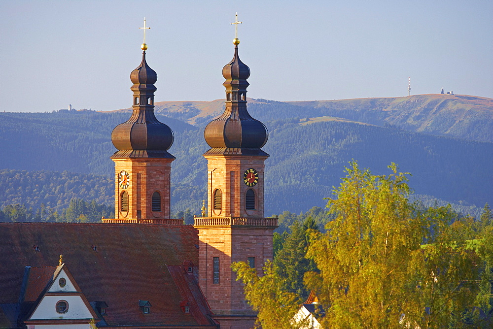 Village of St. Peter with abbey and the mountain Feldberg, Summer morning, Southern Part of Black Forest, Black Forest, Baden-Wuerttemberg, Germany, Europe