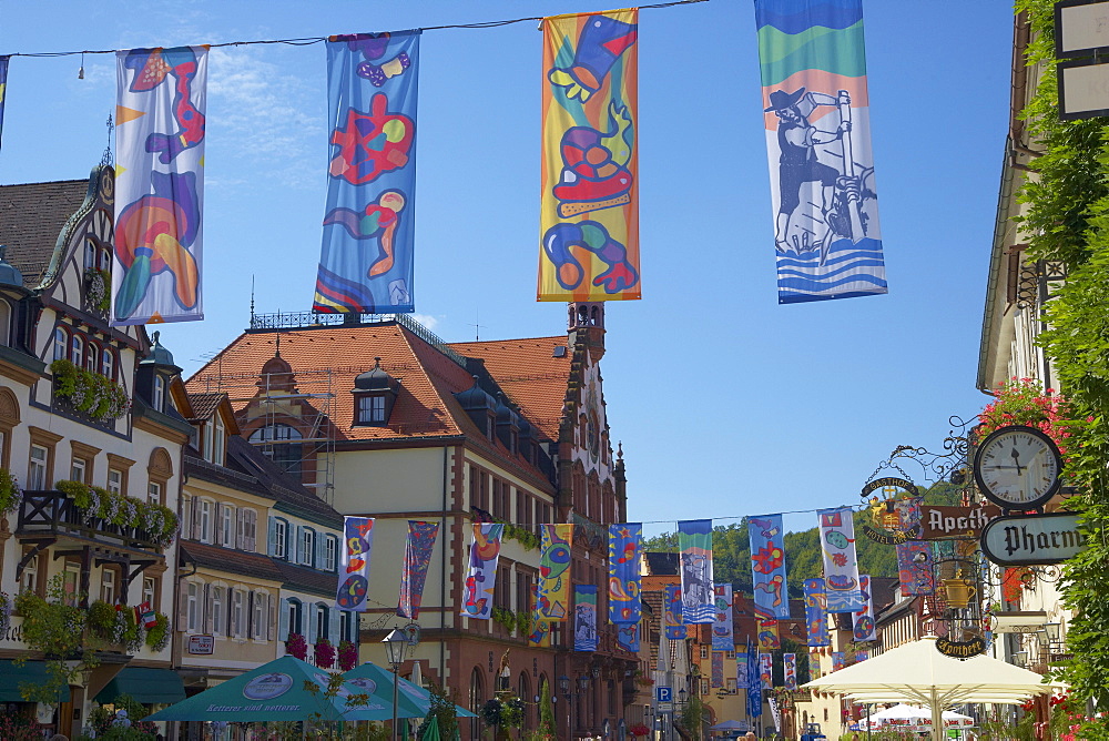 Half-timbered houses and town hall in the main road of the town of Wolfach, Valley Kinzigtal, Southern Part of Black Forest, Black Forest, Baden-Wuerttemberg, Germany, Europe