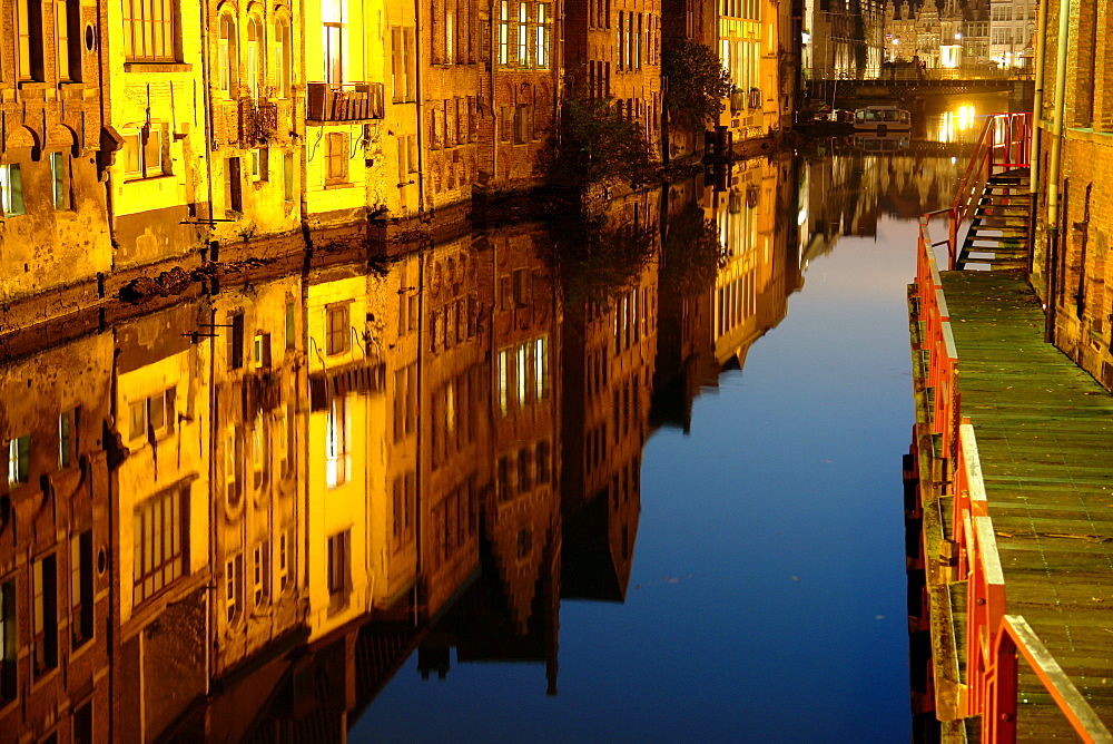 Old Town of Ghent at night, Reflection in the water, Flanders, Belgium