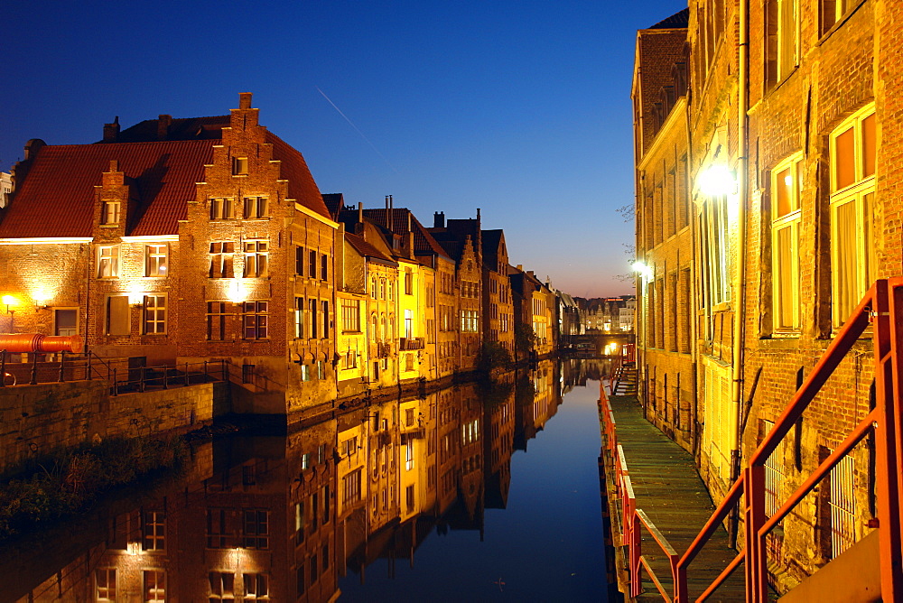 Old Town of Ghent at night, Reflection in the water, Flanders, Belgium