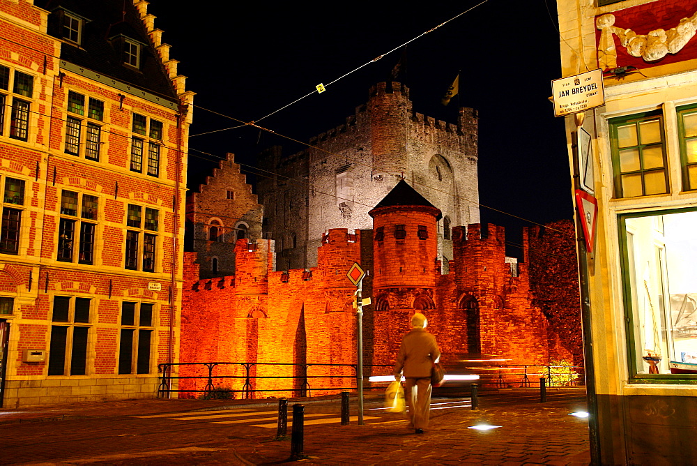 Old Town of Ghent at night with castle, Flanders, Belgium