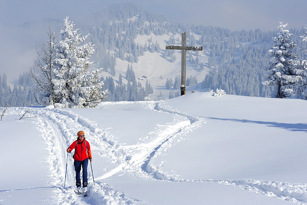 Woman backcountry skiing ascending in a track in front of summit cross and alpine huts, Hochries, Chiemgau range, Upper Bavaria, Bavaria, Germany, Europe