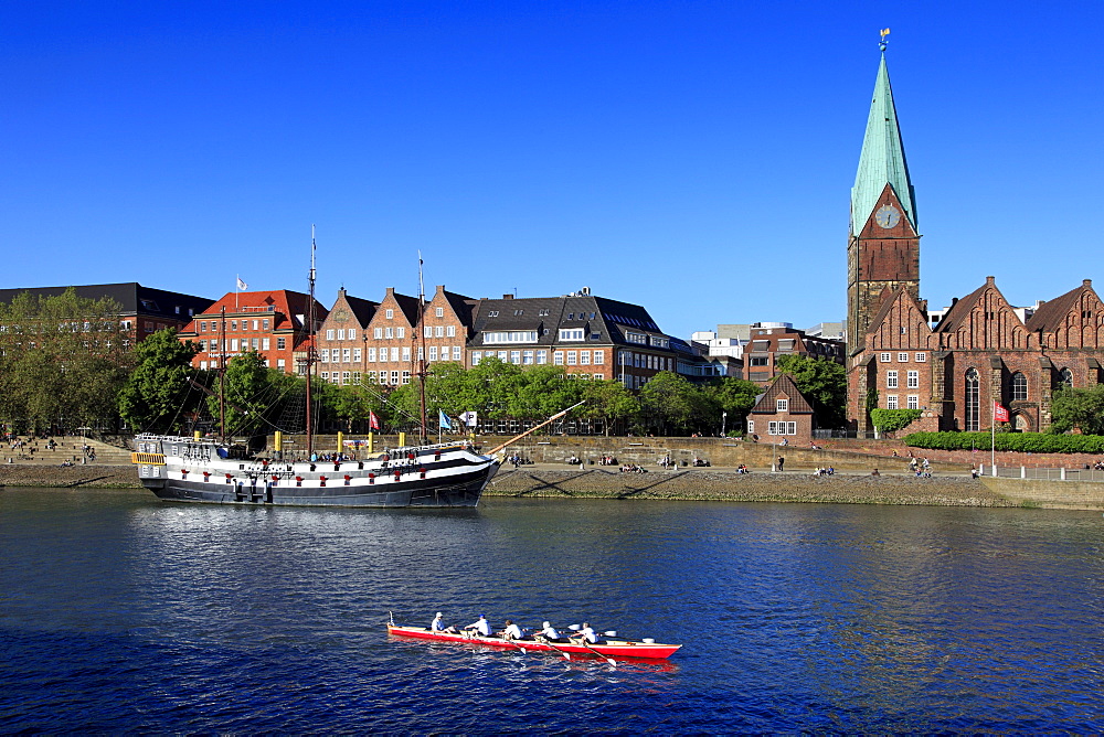 Historic ship at Martini pier at the Weser river, used as restaurant Pannekoekschip Admiral Nelson, Hanseatic City of Bremen, Germany, Europe