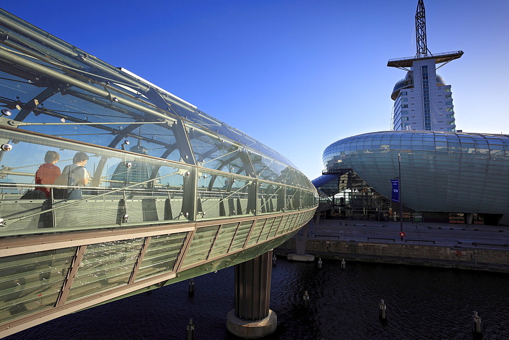 New harbour, bridge to Klimahaus 8âˆž Ost and Atlantic Hotel Sail City, Bremerhaven, Hanseatic City of Bremen, Germany, Europe