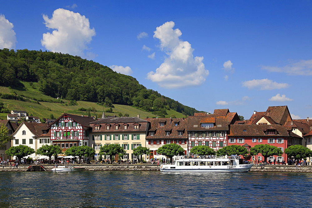 View at excursion boat and lake-side town, Stein am Rhein, High Rhine, Lake Constance, Canton Schaffhausen, Switzerland, Europe