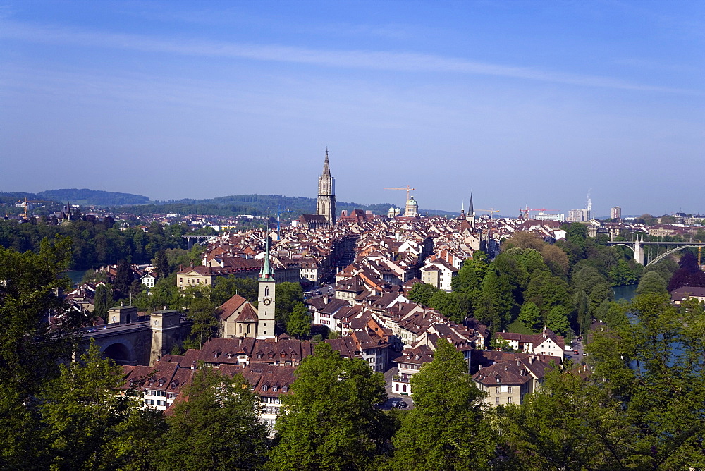 View of the Old City of Berne with Nydegg Church and Cathedral, Berner Muenster in the background, Berne, Switzerland