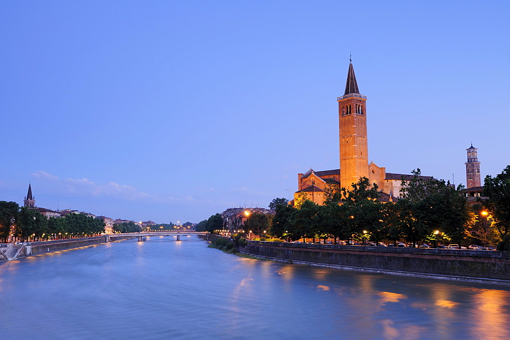 View from the bridge Ponte Pietra at night, illuminated, Ponte Pietra, UNESCO World Heritage Site, Verona, Venetia, Italy