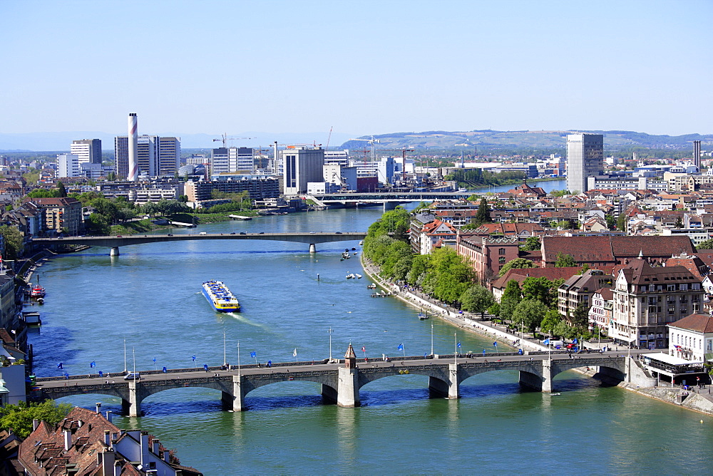 View of Basel and the River Rhine with Novartis Industrial Complex in the background, Basel, Switzerland