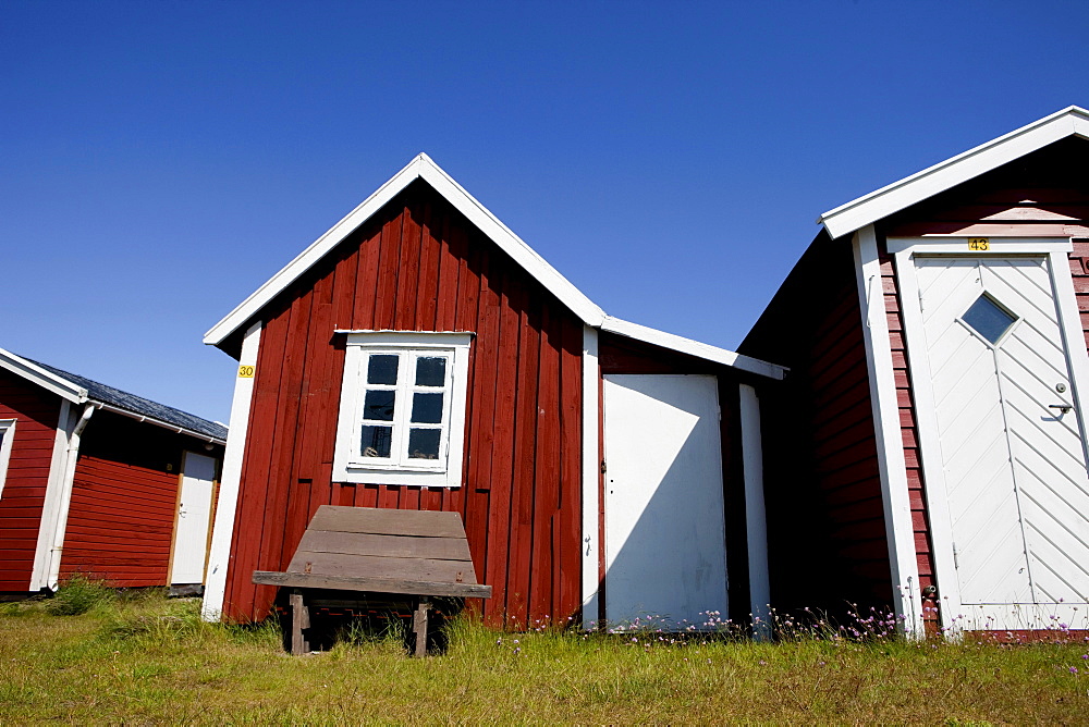 little beach huts at Skanoer beach, Skanoer, Skane, South Sweden, Sweden