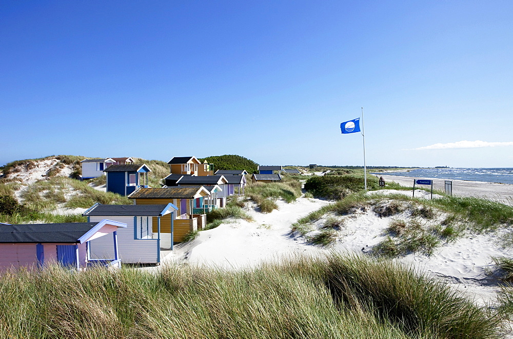 Little beach huts at Skanoer beach, Skanoer, Skane, South Sweden, Sweden