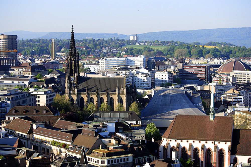 View of the city of Basel with church, Katharinenkirche, Basel, Switzerland