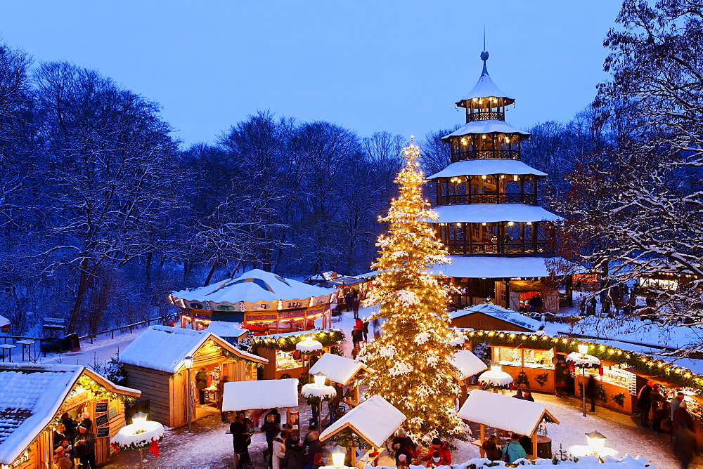 Christmas market at the Chinesischer Turm, Englischer Garten, Munich, Bavaria, Germany