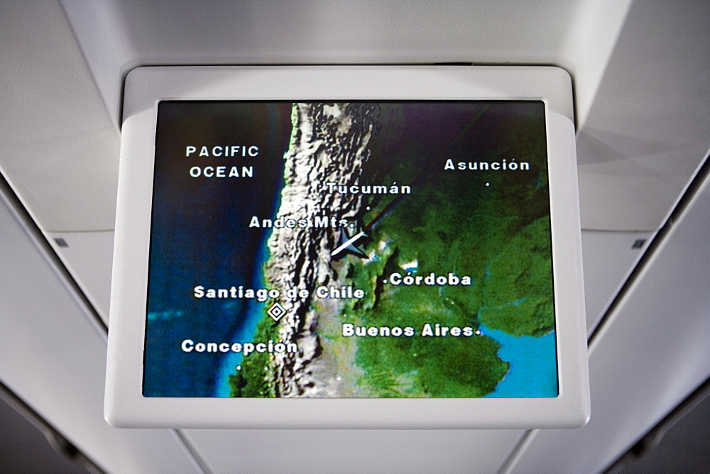 Airshow flight tracking display aboard Lufthansa Airbus A340-600, above Chile, South America, America