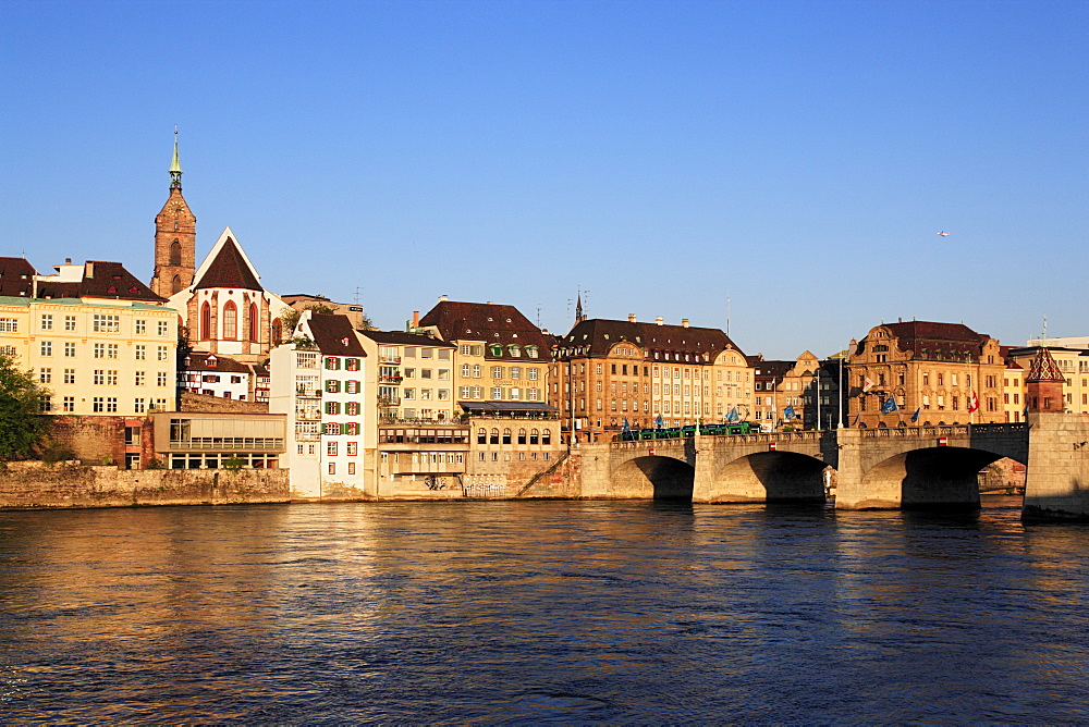 View of the old city of Basel with St. Martins Church in the background, Mittlere Rheinbruecke, Basel, Switzerland