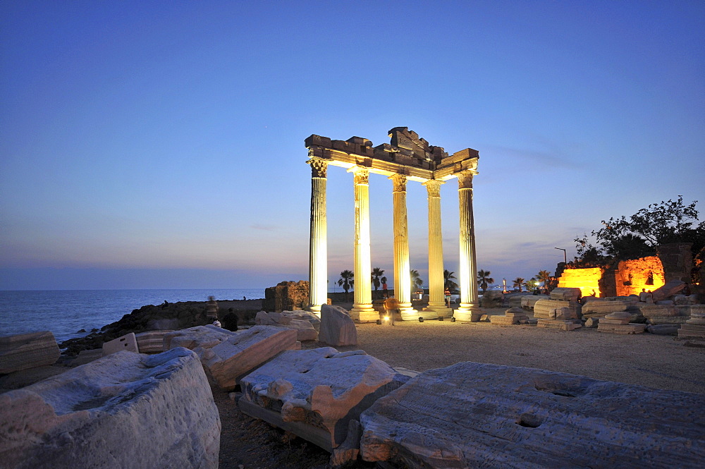 Temple of Appollon and Athena in Side at night, south coast, Anatolia, Turkey