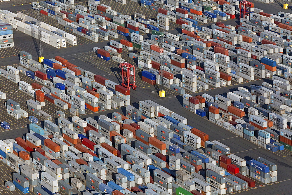 Aerial view of the container port, Containers waiting to be transported, Logistics, Bremerhaven, northern Germany