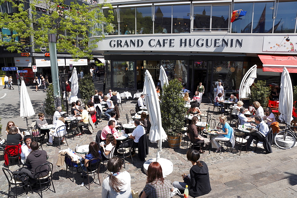 People sitting in a pavement cafe, Cafe Huguenin, Barfuesserplatz, Basel, Switzerland