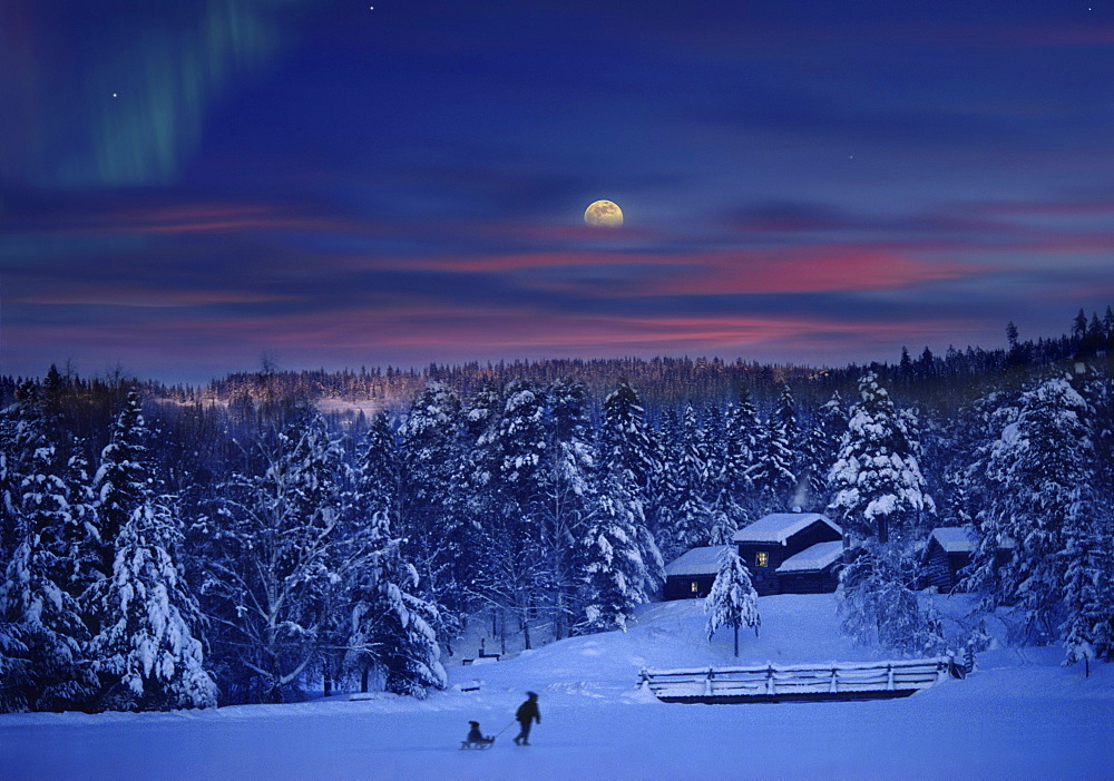 People in snow covered landscape at moonrise, Maihaugen, Lillehammer, Norway, Scandinavia, Europe