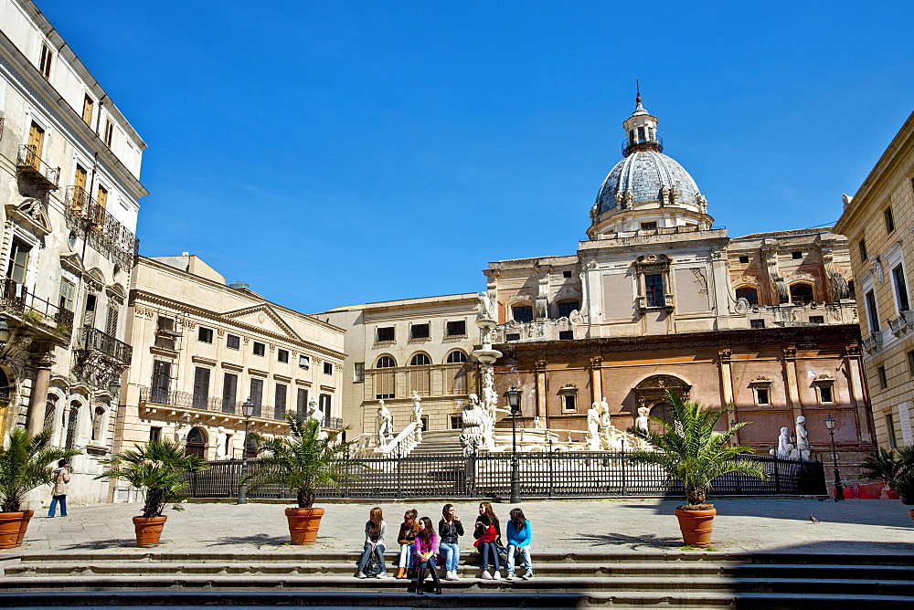 Fountain and statue, Piazza Pretoria, Palermo, Sicily, Italy