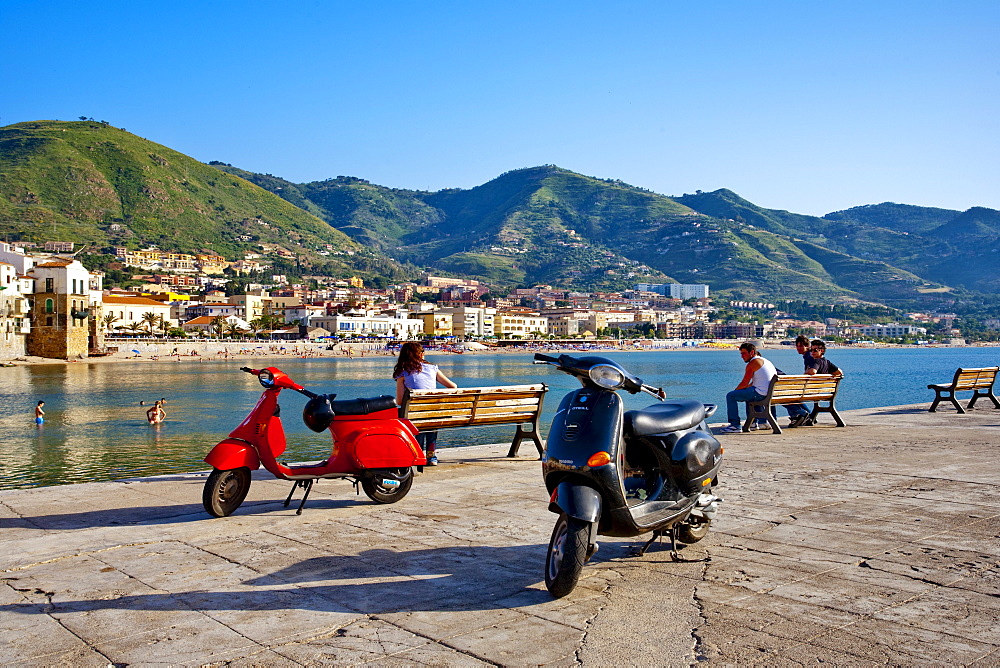 Scoters at waterfront, CefalË™, Palermo, Sicily, Italy