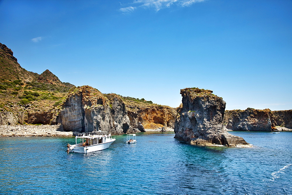 Boats in the bay of Cala Junca, Punta Milazzese, Panarea Island, Aeolian islands, Sicily, Italy