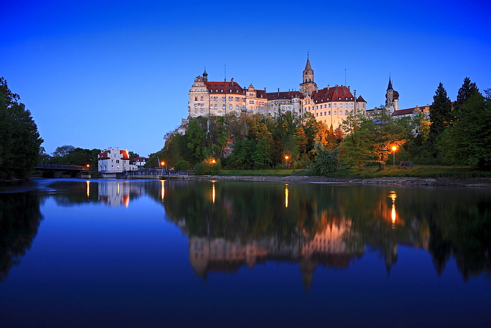 Sigmaringen castle in the evening light, Upper Danube nature park, Danube river, Baden-Wuerttemberg, Germany