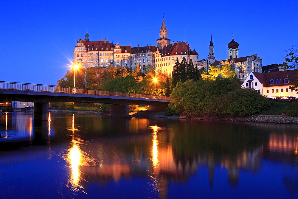 Sigmaringen castle in the evening light, Upper Danube nature park, Danube river, Baden-Wuerttemberg, Germany