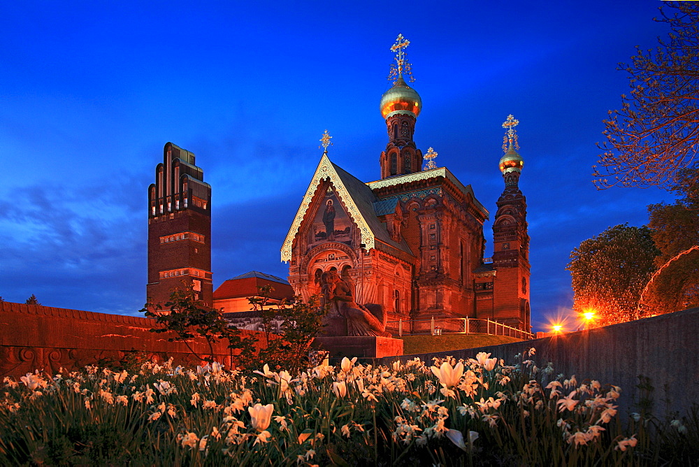 Mathildenhoehe with wedding tower (Architect: Joseph Maria Olbrich) and Russian Chapel, Darmstadt, Hessische Bergstrasse, Hesse, Germany