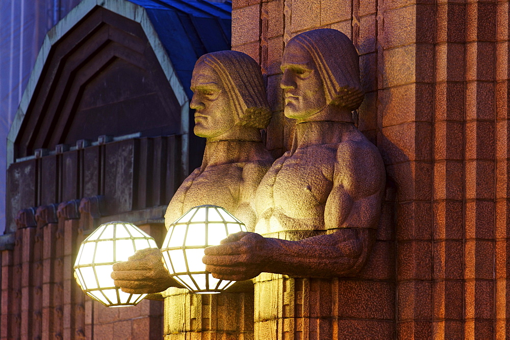 Art Nouveau details of Helsinki central railway station facade, Helsinki, Finland