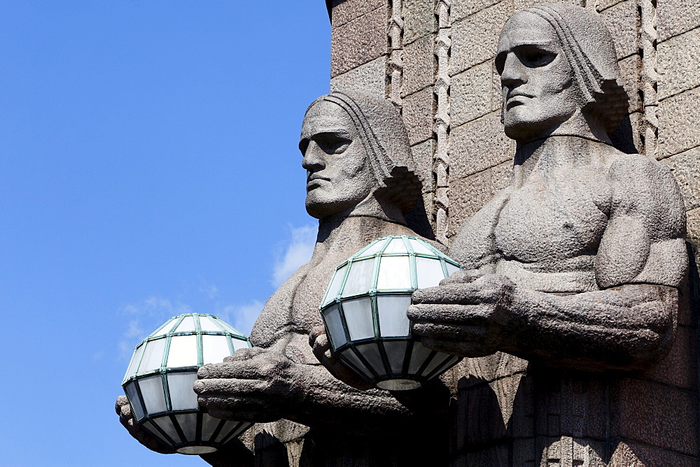 Art Nouveau details of Helsinki central railway station facade, Helsinki, Finland