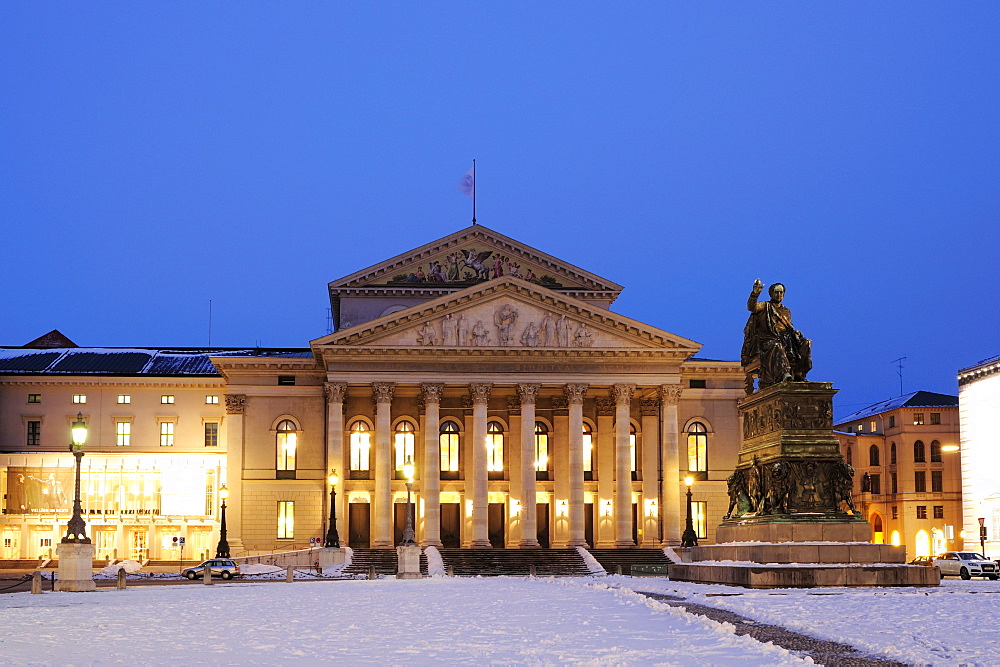 Illuminated national theatre at night with statue of Max Joseph in the foreground, night shot, Munich, Upper Bavaria, Bavaria, Germany