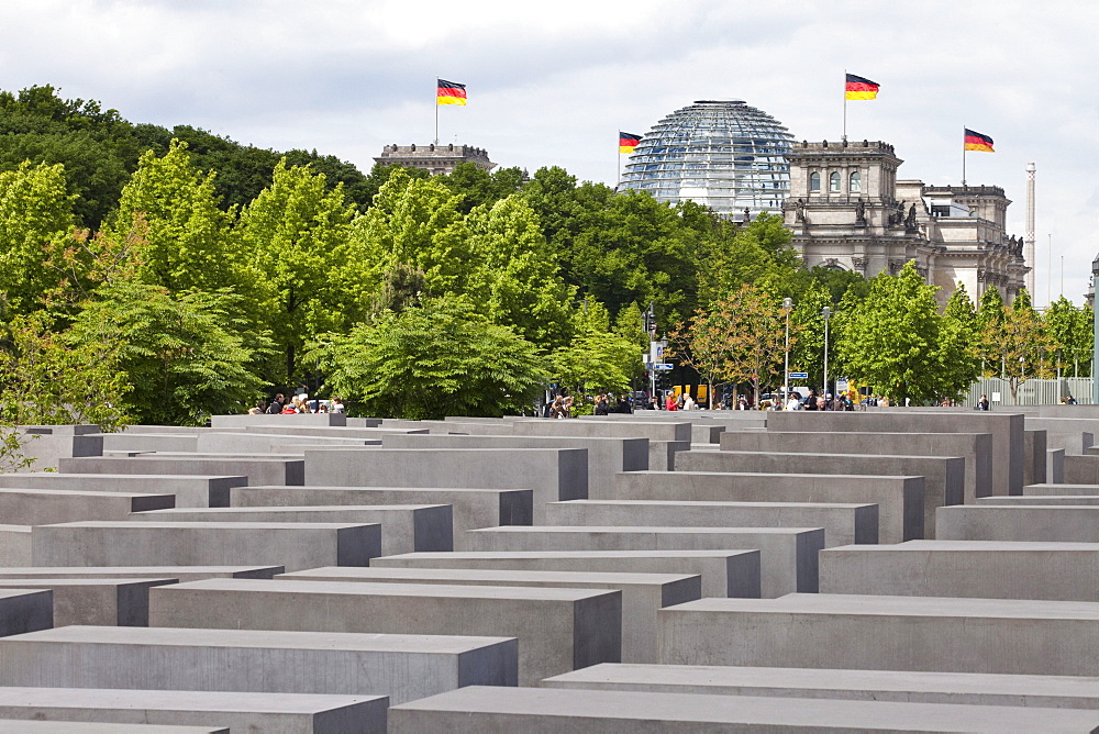 Holocaust-Memorial, Reichstag building in background, Berlin, Germany