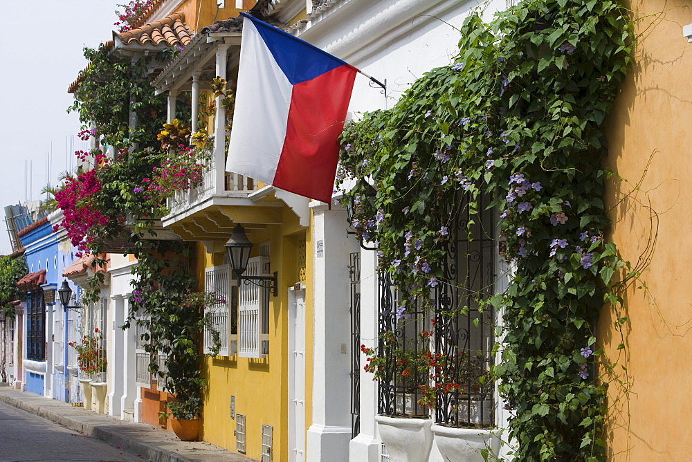 Colombian flag and colonial houses, Cartagena, Bolivar, Colombia