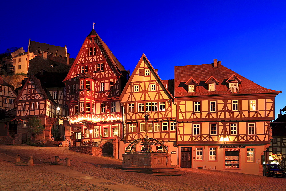 Schnatterloch, half-timbered houses at the market place, Miltenberg, Main river, Odenwald, Spessart, Franconia, Bavaria, Germany