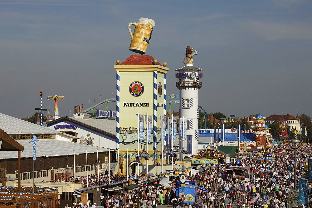 Paulaner tower with beer glass, Octoberfest 2010, Munich, Upper Bavaria, Bavaria, Germany