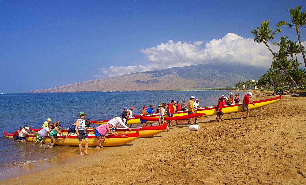 People with outrigger canoes on the beach of North Kihei, Maui, Hawaii, USA, America