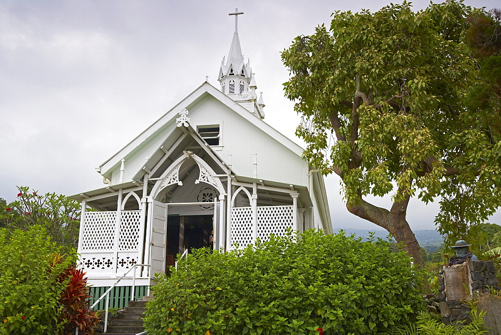 St. Benedict's Painted Church under clouded sky, Honaunau, Big Island, Hawaii, USA, America