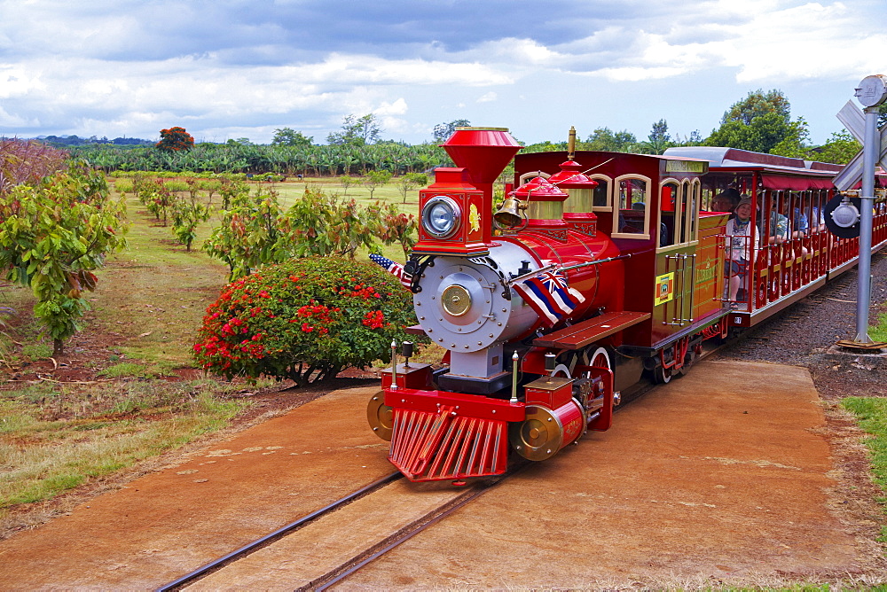 People inside Pineapple Express Train at the Dole Plantation Hawaii, Oahu, Hawaii, USA, America