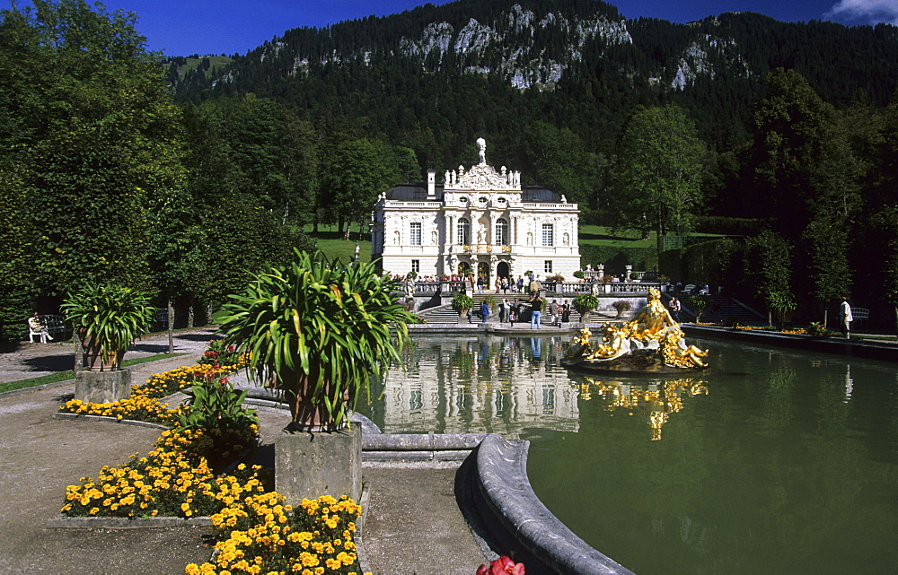 Linderhof castle in the Graswang Valley, Bavaria, Germany