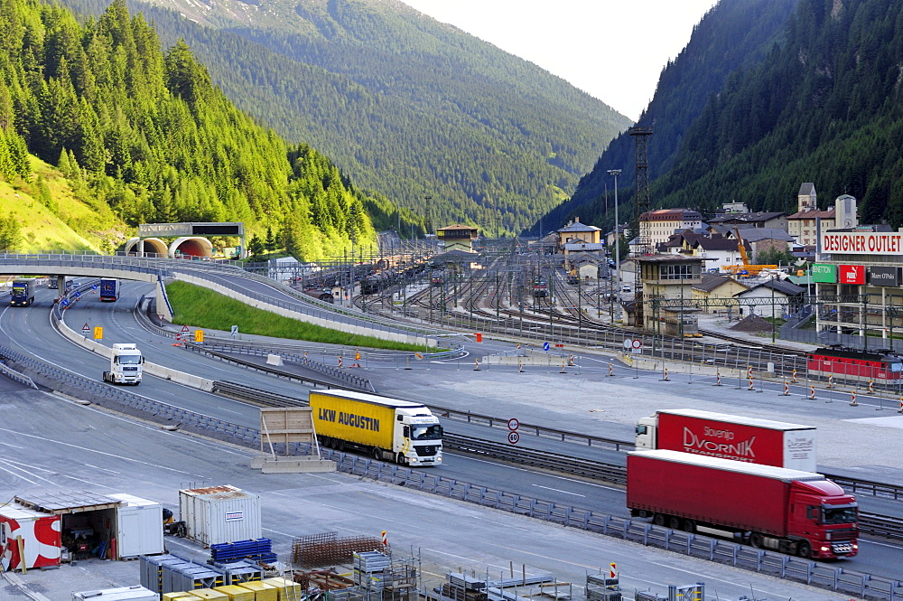 Highway, Motorway, railway station and buildings at Brennerpass, Brenner, Tyrol, South Tyrol, Austria, Italy