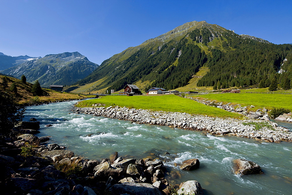 Panorama view in Krimmler Achental with Krimmler Tauernhaus, Salzburger Land, Austria