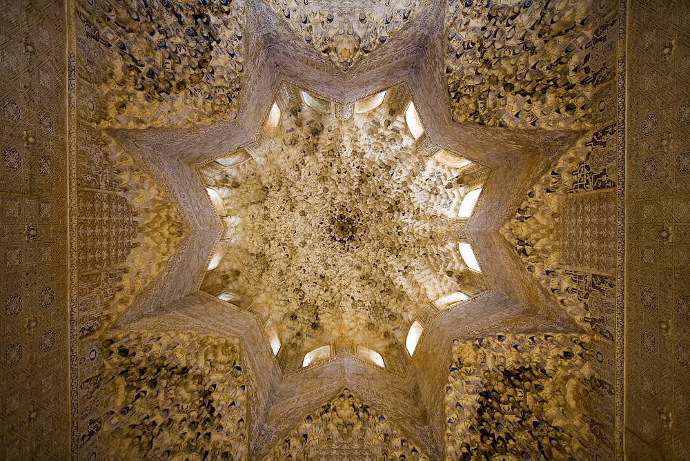 Artful decorated ceiling at Alhambra Palace, Granada, Andalucia, Spain, Europe