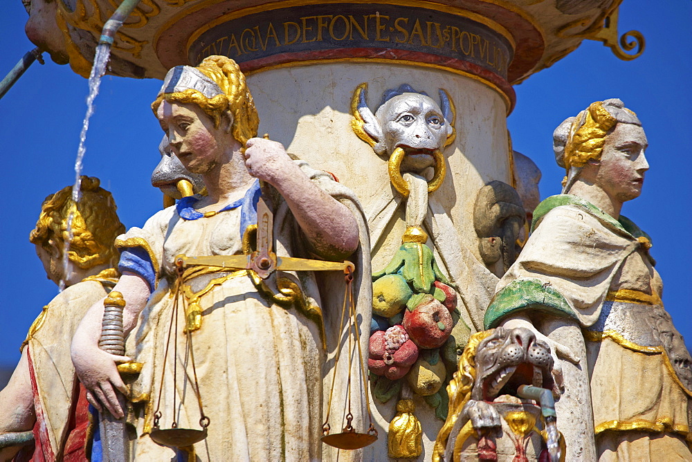 Market fountain at the main market, Trier, Mosel, Rhineland-Palatinate, Germany, Europe