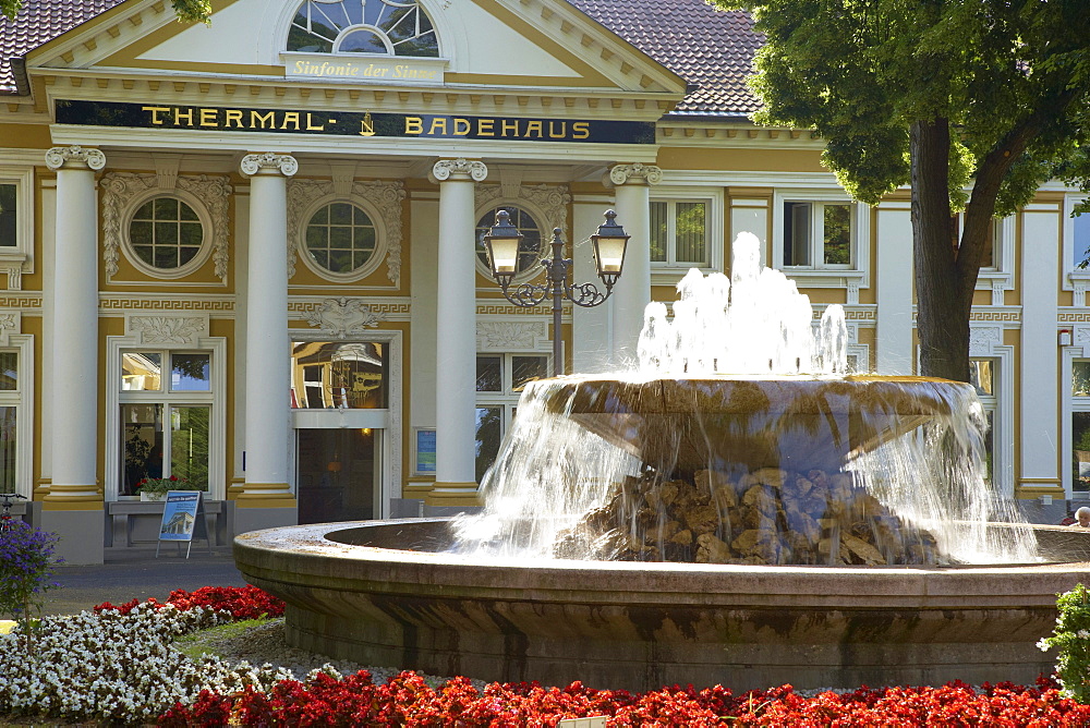 Fountain in front of the thermal-bathhouse, Thermal-spa, Spa, Bad Neuenahr, Bad Neuenahr-Ahrweiler, Ahr, Eifel, Rhineland-Palatinate, Germany, Europe