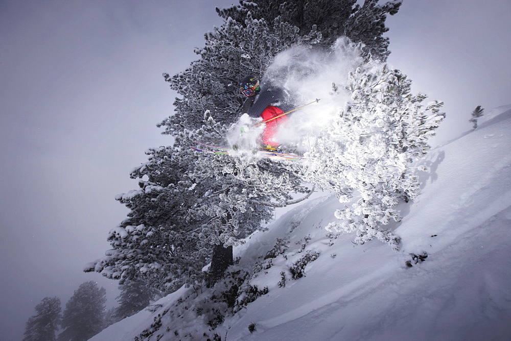 Male free skier jumping, Mayrhofen, Ziller river valley, Tyrol, Austria