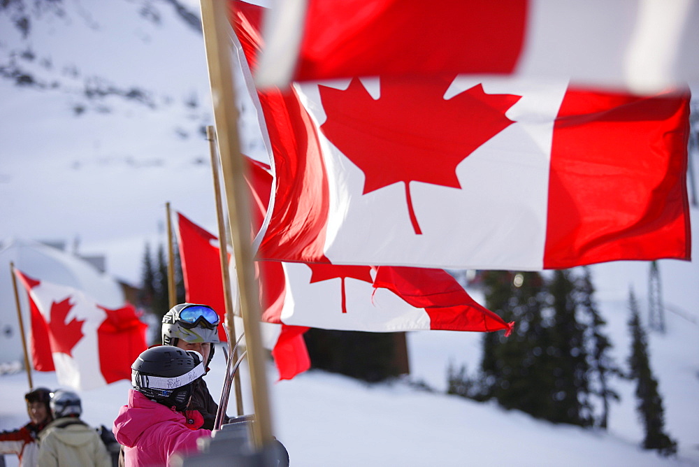 Canadian flags near Roundhouse Lodge, Whistler, British Columbia, Canada