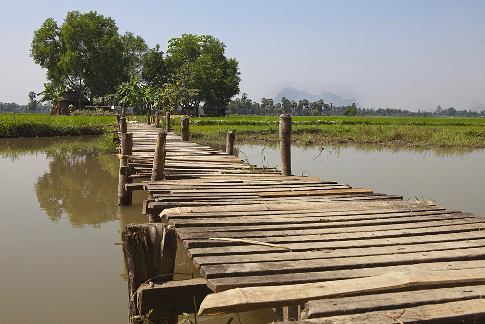 Wooden bridge to a hut in the fields, Kayin State, Myanmar, Birma, Asia