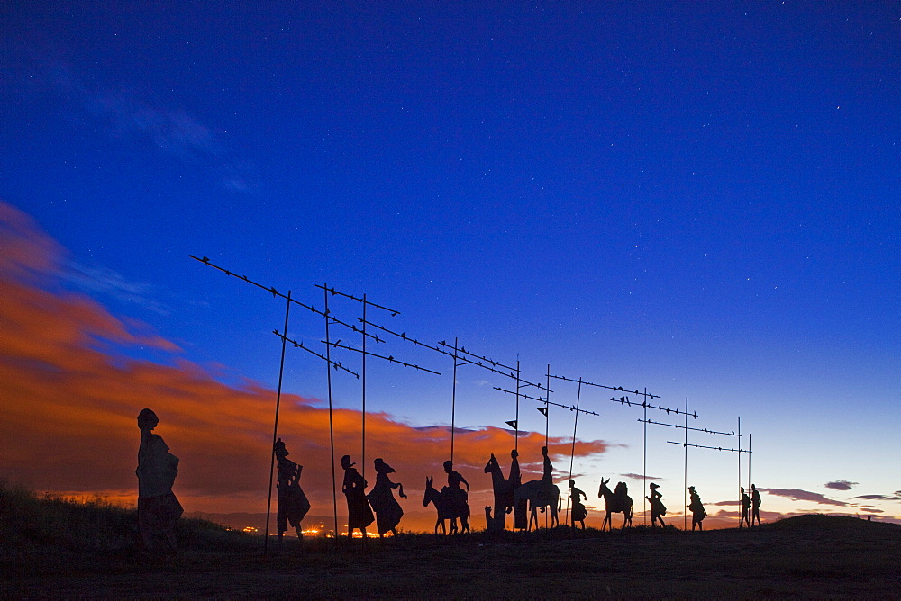 Iron sculpture of a group of pilgrims, Alto del Perdon, Sierra del Perdon, near Pamplona, Camino Frances, Way of St. James, Camino de Santiago, pilgrims way, UNESCO World Heritage, European Cultural Route, province of Navarra, Northern Spain, Spain, Europe