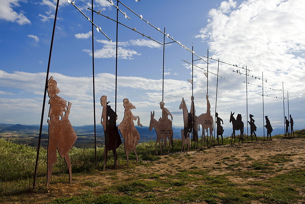 Iron sculpture of a group of pilgrims, Alto del Perdon, Sierra del Perdon, near Pamplona, Camino Frances, Way of St. James, Camino de Santiago, pilgrims way, UNESCO World Heritage, European Cultural Route, province of Navarra, Northern Spain, Spain, Europe