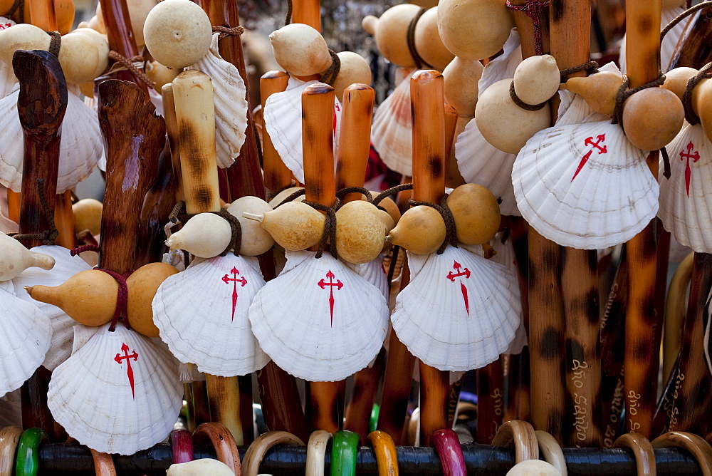 Souvenirs in front of the cathedral of Santiago de Compostela, Camino Frances, Way of St. James, Camino de Santiago, pilgrims way, UNESCO World Heritage, European Cultural Route, province of La Coruna, Galicia, Northern Spain, Spain, Europe